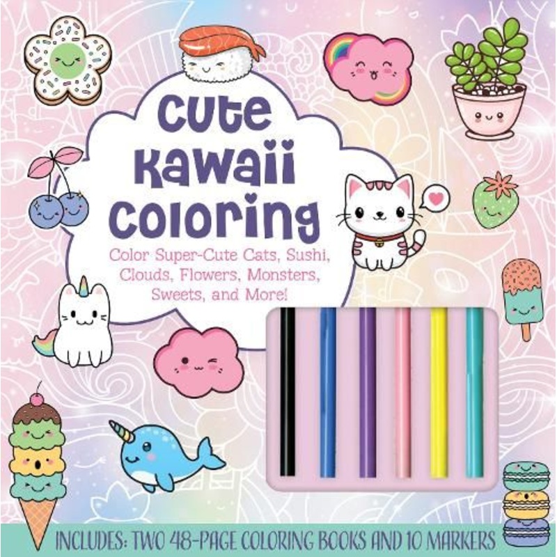 Cute Kawaii Coloring Kit: Color Super-Cute Cats, Sushi, Clouds, Flowers, Monsters, Sweets, and More! Includes: Two 48-page Coloring Books and 10 Markers